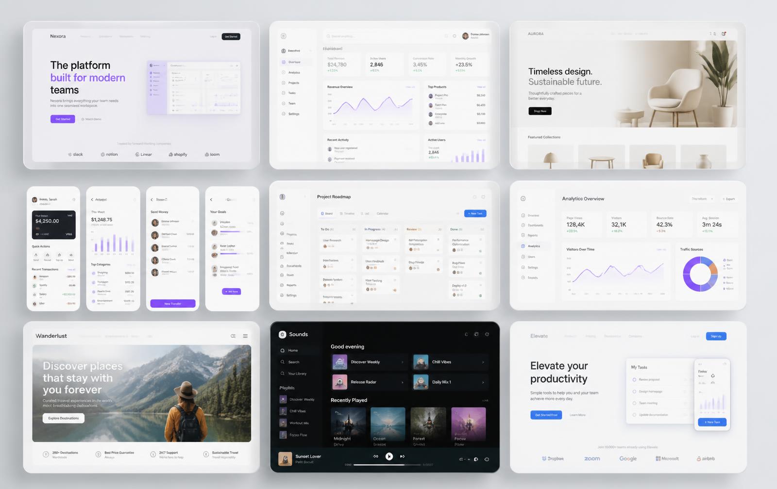 Mosaico de proyectos creados por alumnos: landing pages, paneles, tiendas y aplicaciones móviles
